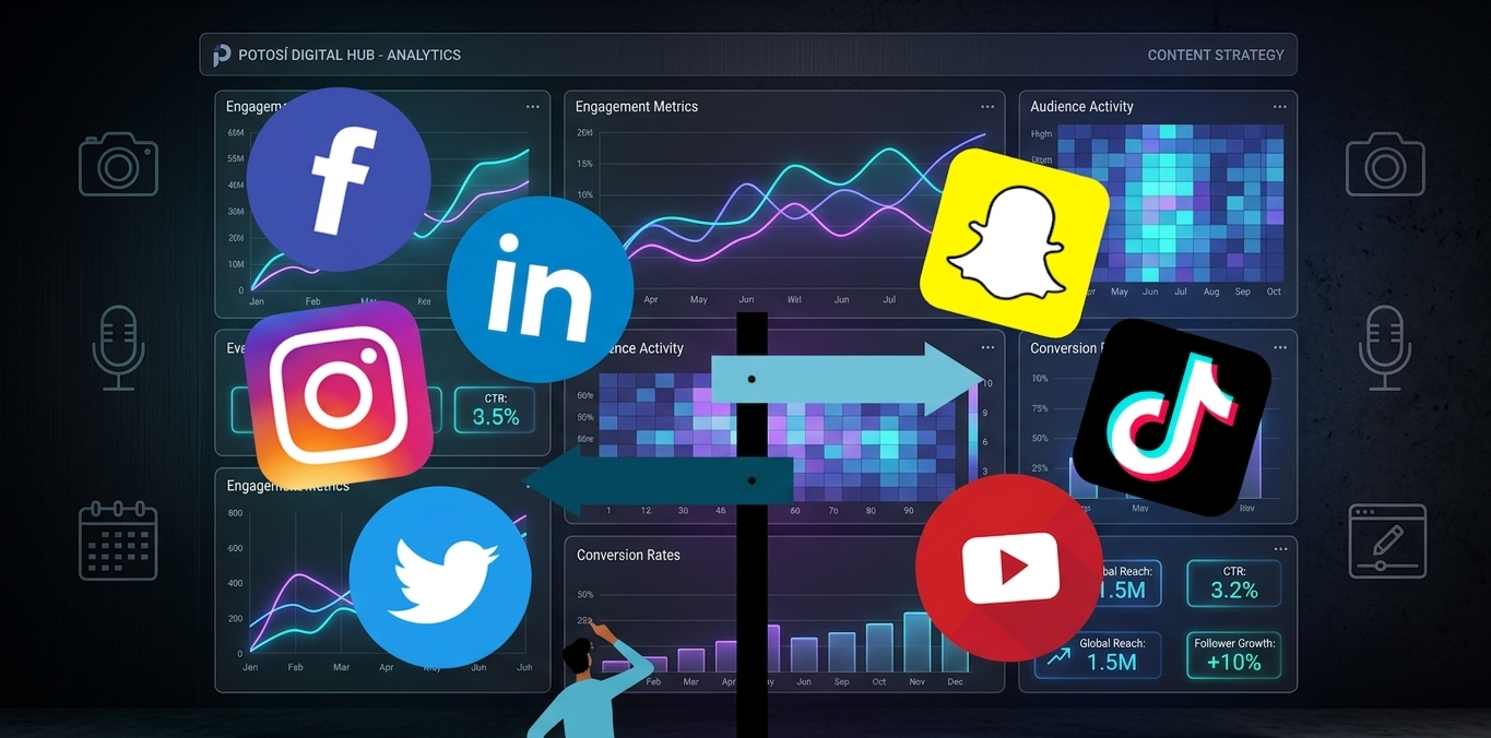 Estrategia de marketing digital con análisis de datos y redes sociales